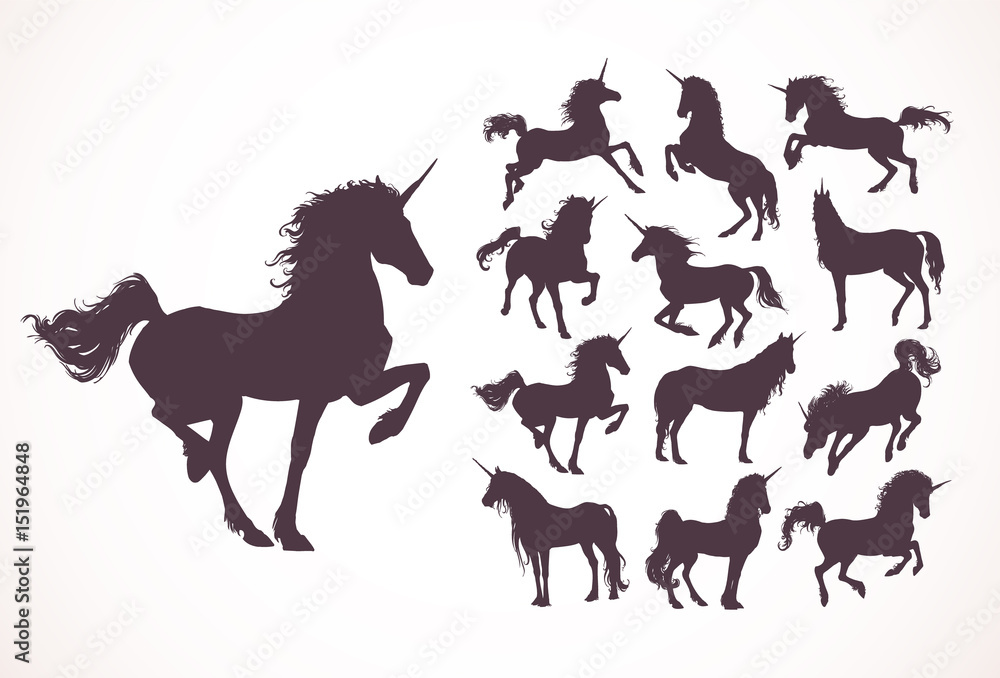 Magic Cute unicorns silhouettes, white stars, clouds. Stylish icons,vintage, background, horses tattoo. Hand drawn vector illustration, outline black, isolated different unicorn body collection