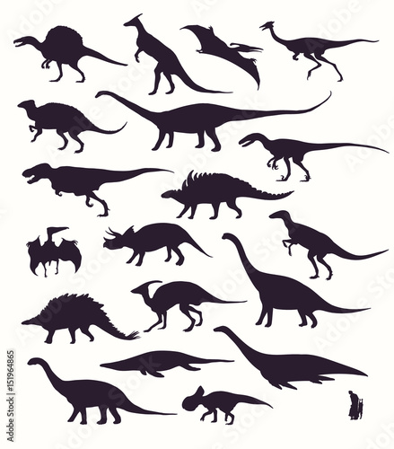 Fototapeta Naklejka Na Ścianę i Meble -  Set, silhouettes, dino skeletons, dinosaurs, fossils. Hand drawn vector illustration. Comparison of sizes, realistic Sketch collection: diplodocus, triceratops, tyrannosaurus, doodle pattern...