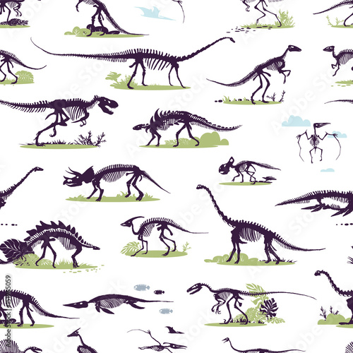 Set  silhouettes  dino skeletons  dinosaurs  fossils. Hand drawn vector illustration. Comparison of sizes  realistic Sketch collection  diplodocus  triceratops  tyrannosaurus  doodle pattern...