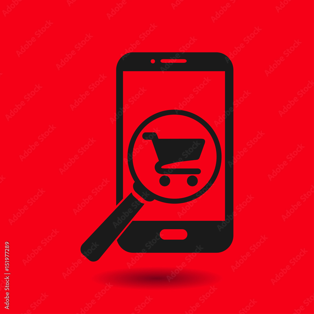 Glass searching for shoping on smart phone. Online shoping icon. Glass searching for shoping on smart phone. Online shoping icon.