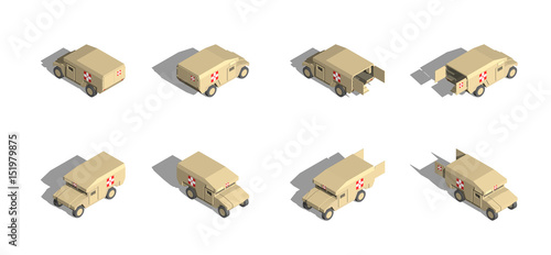 Military Transportation isometric vector. light utility ambulance vehicle.