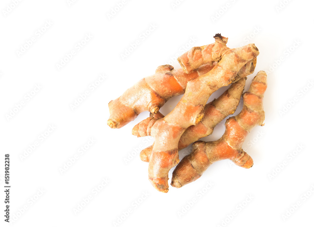 Fresh turmeric roots on white background, herb and healthy care concept Fresh turmeric roots on white background, herb and healthy care concept