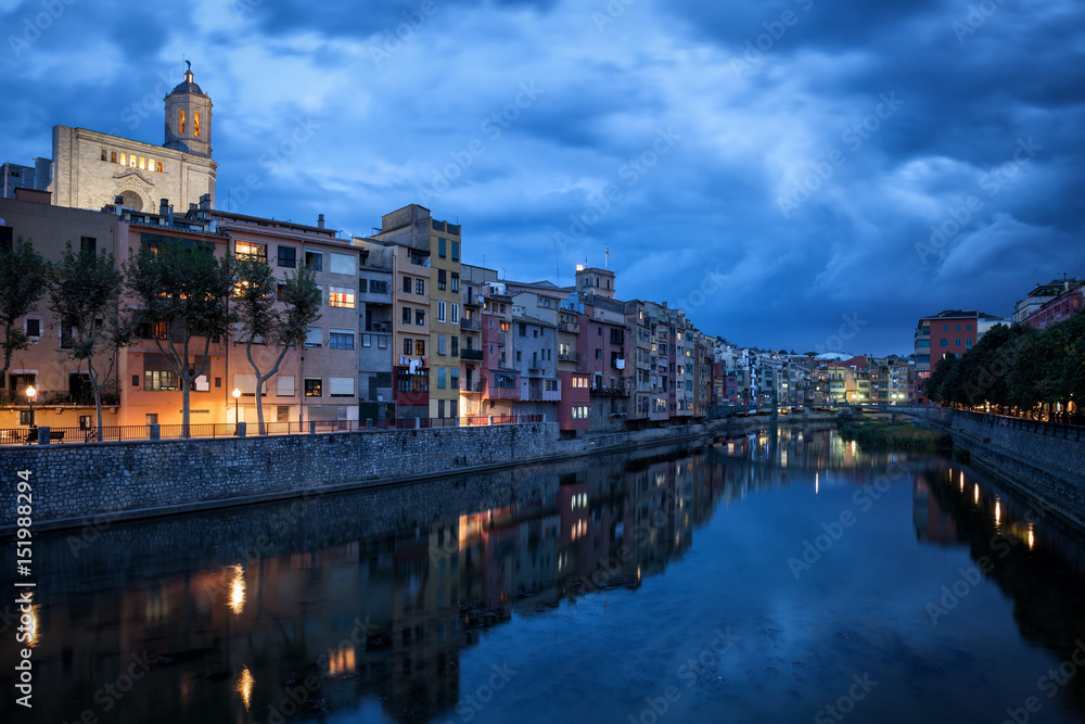 Girona City at Dusk in Catalonia, Spain