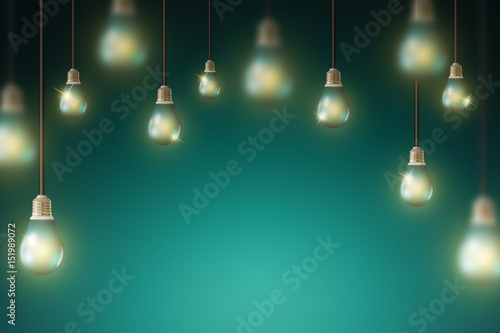 Glowing Hanging Light Bulb, business idea concept and background. 