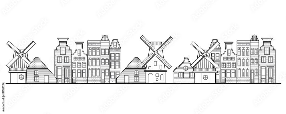 Fototapeta premium Amsterdam houses, windmill and city style Netherlands
