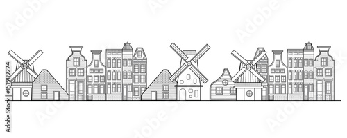 Amsterdam houses, windmill and city style Netherlands