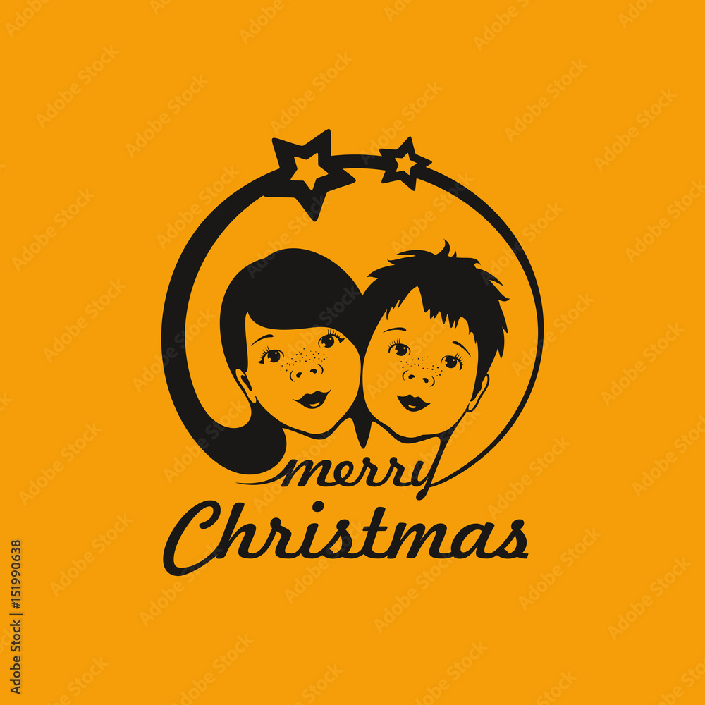 Under happy star / Merry Christmas background and greeting or invitation card with happy children portrait and the star of Bethlehem with congratulation text for Christmas against orange background.