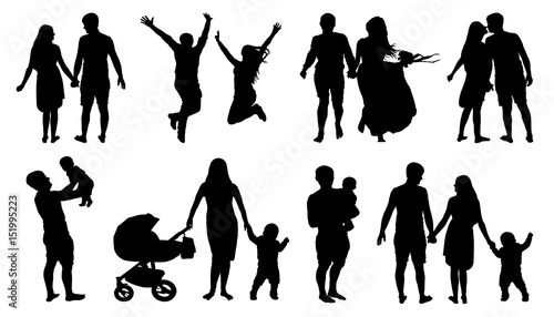 Silhouette of couple, family with children, isolated vector set on white background