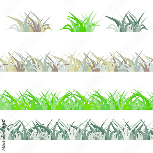 Seamless green grass field. Grass pattern isolated on white background. Collection of different grass scaled front plants. Vector grass illustration EPS8