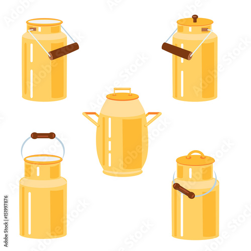 Milk can set cartoon vector illustration of farm daily fresh milk isolated on white background, rustic equipment for beverages, yellow kitchen tableware, decorative pot for design package, advertising
