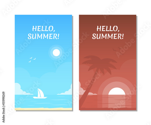 Seascape with sailing yacht. Tropical beach with silhouette of palm tree on the sunset.