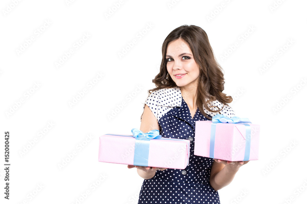 Beautiful smiling girl with two gift boxes, isolated. Beautiful smiling girl with two gift boxes, isolated.