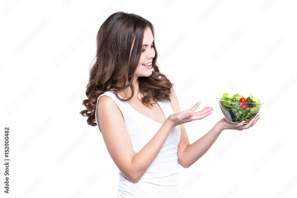 Diet. Healthy young woman with vegetable salad, Isolated. Diet. Healthy young woman with vegetable salad, Isolated.