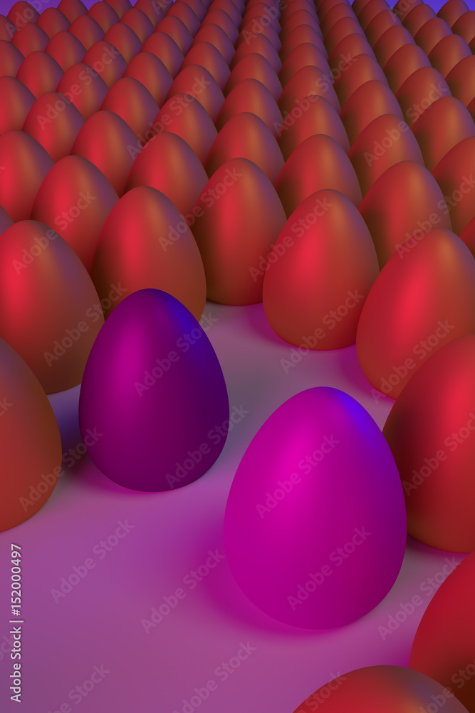 3D-Rendering von zahlreichen, in Reihen aufgestellten, goldenen Eiern in blauem und rotem Licht: manches sind anders... 3D-Rendering von zahlreichen, in Reihen aufgestellten, goldenen Eiern in blauem und rotem Licht: manches sind anders...