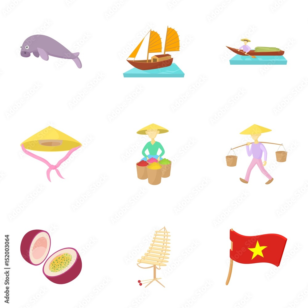 Holiday in Vietnam icons set, cartoon style