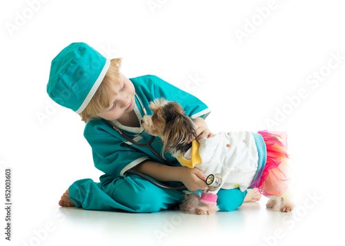 little boy examining puppy ...