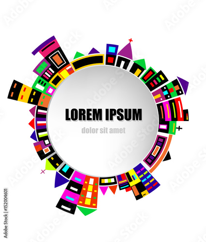 Abstract town card of circle paper. Design of colorful town on white background
