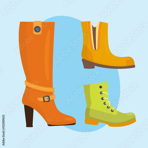 Set of womens shoes flat design vector collection of leather colored moccasins boots illustration.