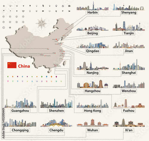 China vector map  with largest chinese cities skylines. Navigation, location and travel icons