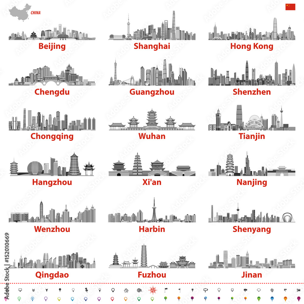 China largest cities skylines vector illustrations in black and white color palette with map and flag of China; navigation, location and travel icons