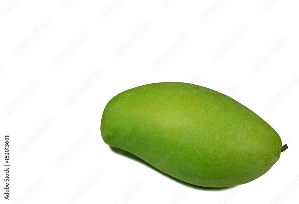 One vibrant green young mango on white background with free space for text and design One vibrant green young mango on white background with free space for text and design