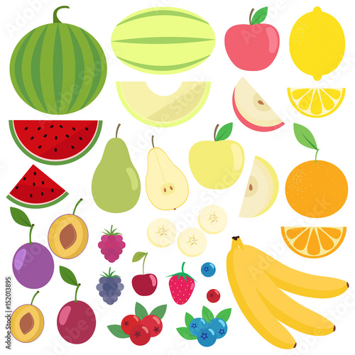 Fototapeta Naklejka Na Ścianę i Meble -  Set of fresh healthy fruits isolated. Flat design. Organic farm illustration. Healthy lifestyle vector design elements. Slices and halves of fruits