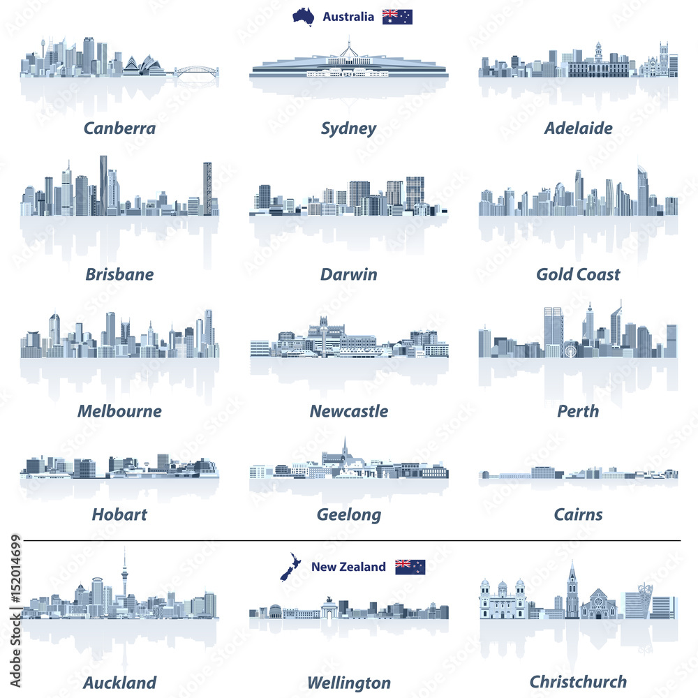 Australian and New Zealand cities skylines vector illustrations in tints of blue color palette. Map and flag of Australia and New Zealand.