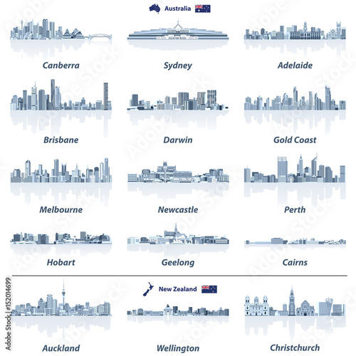 Australian and New Zealand cities skylines vector illustrations in tints of blue color palette. Map and flag of Australia and New Zealand. #152014699