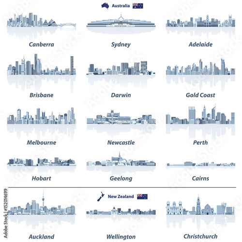 Australian and New Zealand cities skylines vector illustrations in tints of blue color palette. Map and flag of Australia and New Zealand.