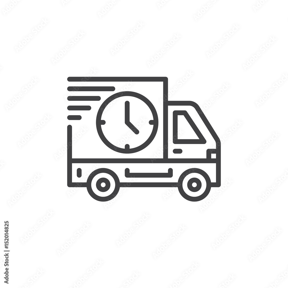 Delivery truck with clock line icon, outline vector sign, linear style pictogram isolated on white. Fast shipping symbol, logo illustration. Editable stroke. Pixel perfect Delivery truck with clock line icon, outline vector sign, linear style pictogram isolated on white. Fast shipping symbol, logo illustration. Editable stroke. Pixel perfect
