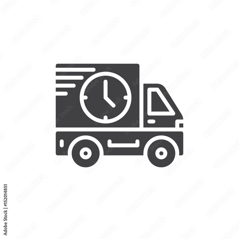 Delivery truck with clock icon vector, filled flat sign, solid pictogram isolated on white. Symbol, logo illustration. Pixel perfect Delivery truck with clock icon vector, filled flat sign, solid pictogram isolated on white. Symbol, logo illustration. Pixel perfect