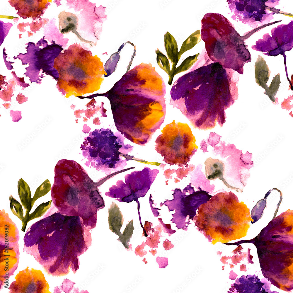 Seamless background pattern poppy, cornflowers, lily , camomile, roses with leaves and ladybird on white. Hand drawn