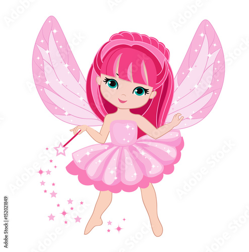 Beautiful little fairy with pink hair. Vector illustration isolated on white background.
