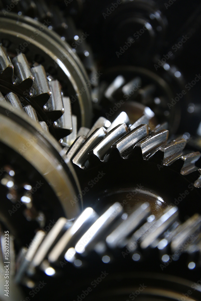 Closeup on gears of auto transmission box