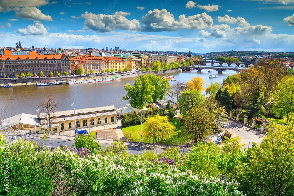 Amazing summer panorama with bridges on the Vltava river, Prague