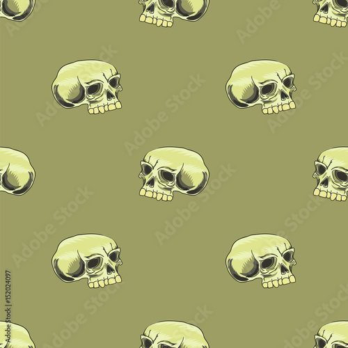 Old Human Skull Seamless Pattern on Brown Background