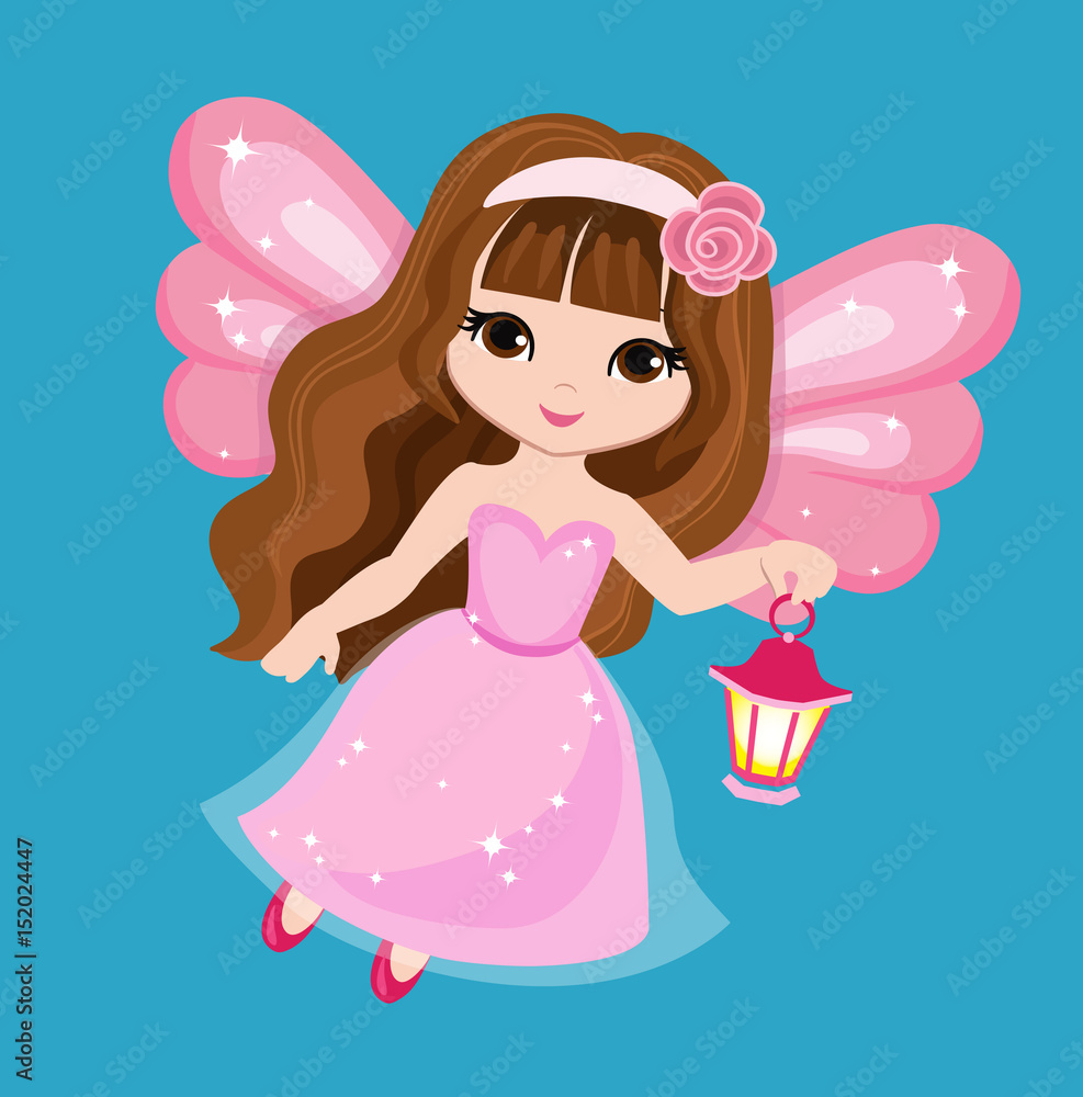 Beautiful little fairy in a pink dress with a lantern. Vector illustration isolated on turquoise background. Beautiful little fairy in a pink dress with a lantern. Vector illustration isolated on turquoise background.