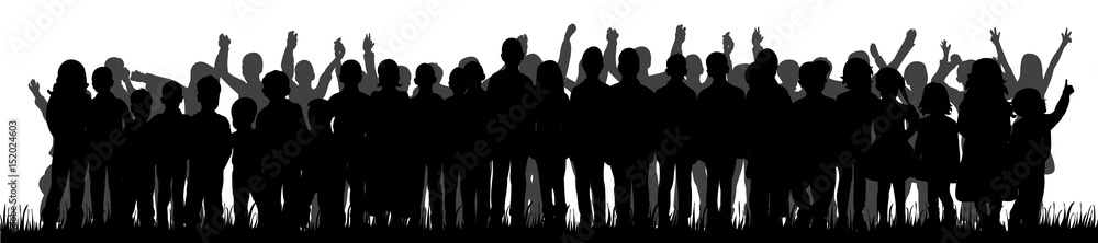 silhouette of children stand together, crowd,