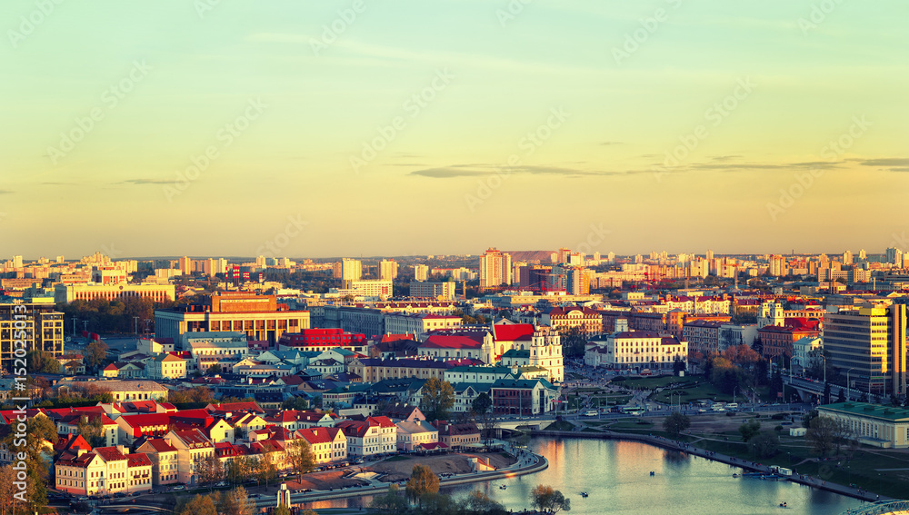 .Panoramic view of the historical center of Minsk. Belarus. Sunset. Toning.