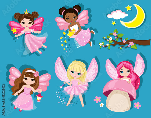 Collection of cute spring fairies. Vector illustration isolated on blue background.