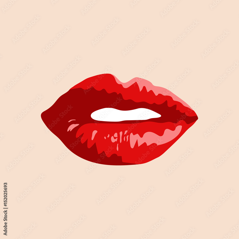 Red open lips on a beige background Red open lips on a beige background
