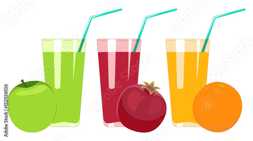 Set of fruit juices isolated on white background. Apple juice, pomegranate juice, orange juice vector illustration.