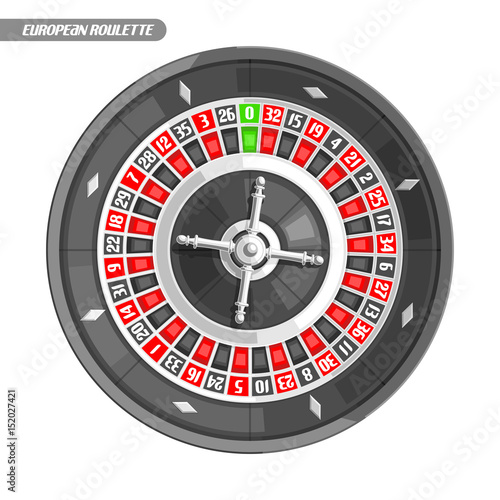 Vector illustration of Roulette Wheel: french roulette with silver wheel for online casino, top view, isolated on white background, logo for gambling with title - european roulette, round gamble icon.
