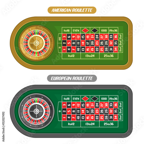 Vector image of Roulette Table: american roulette with double zero and golden Wheel top view, european or french roulette table with silver wheel isolated on white background for online gambling games