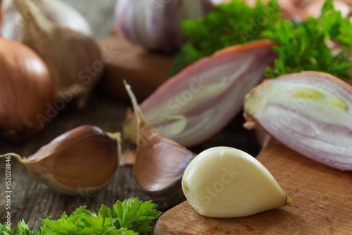 Clove of garlic on a blurred background