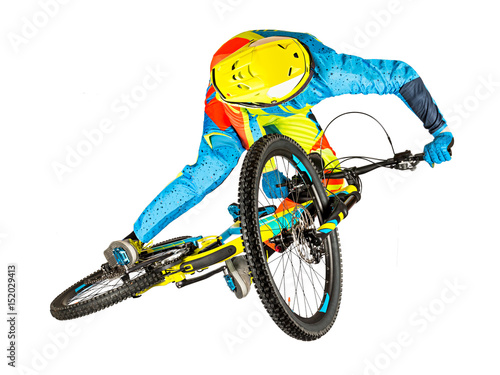 extrem whip jump on mountain bike isolated on white background downhill freeride enduro concept