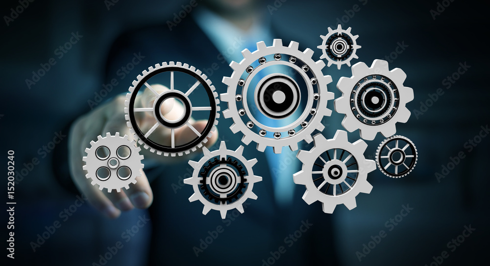 Businessman touching floating gear icons in his hand 3D rendering Businessman touching floating gear icons in his hand 3D rendering