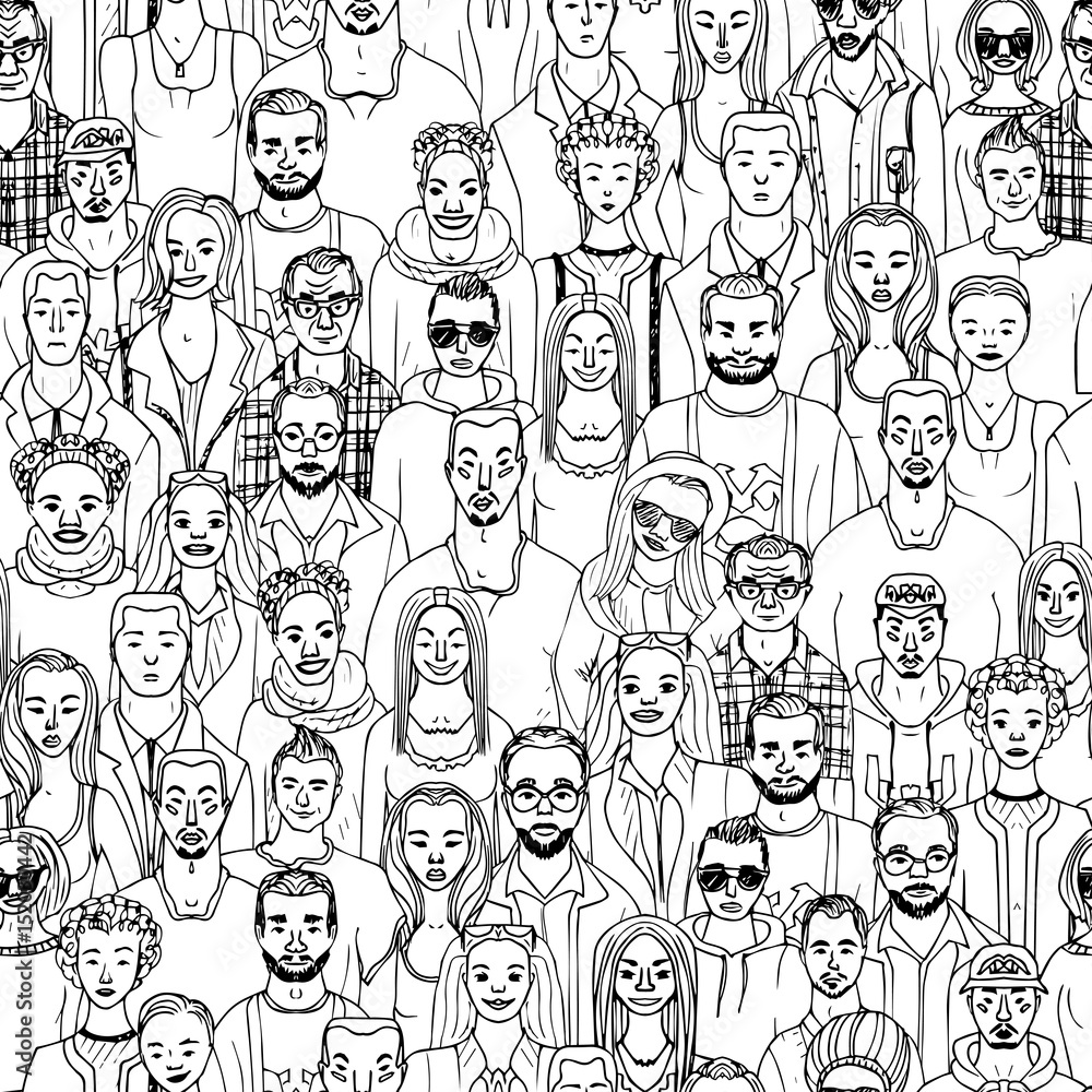 Seamless pattern of hand drawn people faces. Vector illustration of crowd of people