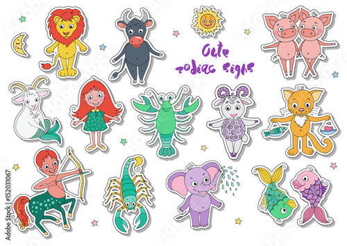 Big set of cute fantastic animals and characters as zodiac signs