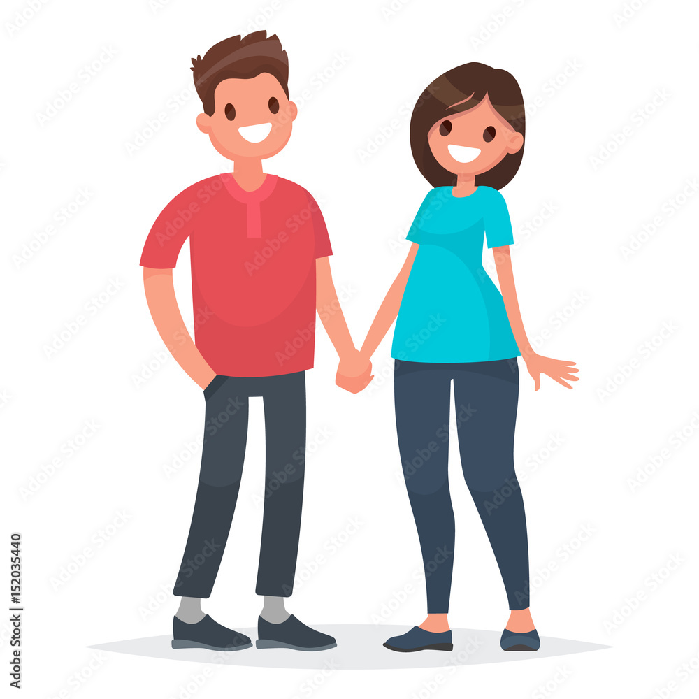Couple of young people. Man and woman hold hands on a white background